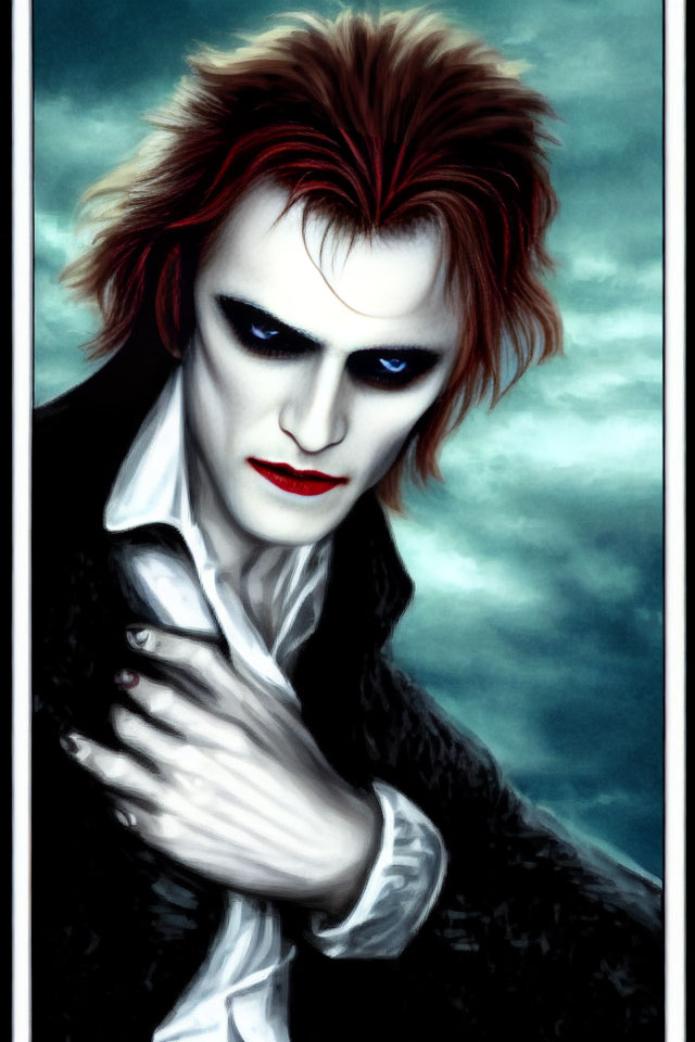 Pale male figure with red hair and dark makeup against cloudy sky.
