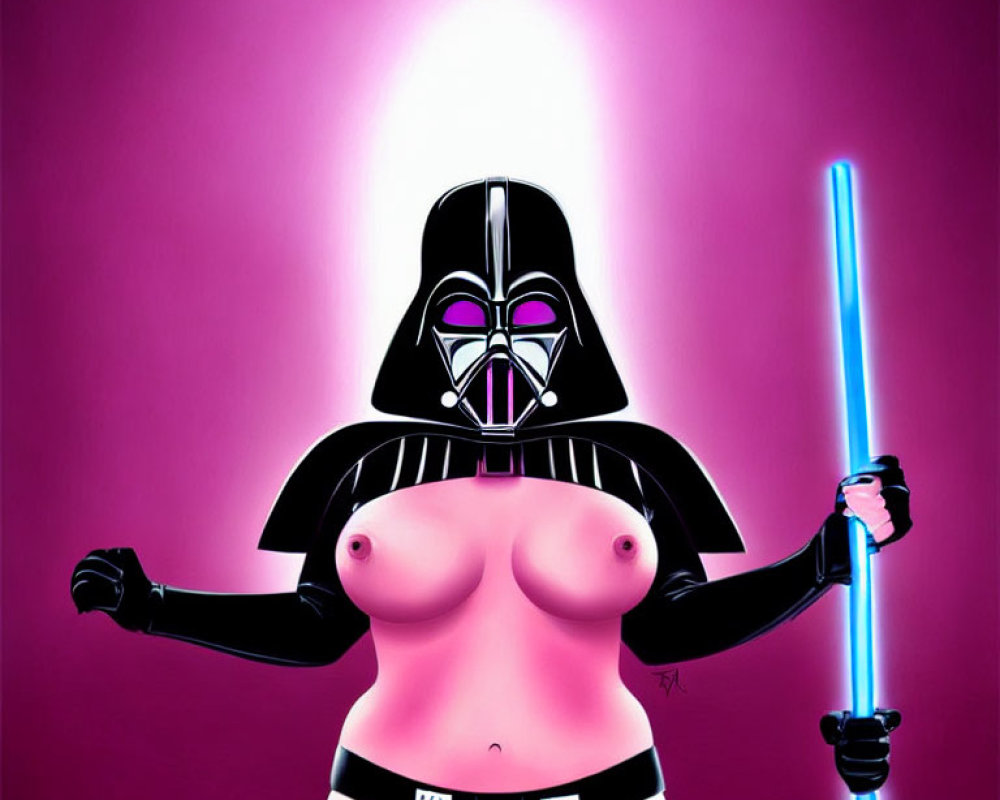 Stylized character with Darth Vader helmet holding lightsaber on pink background