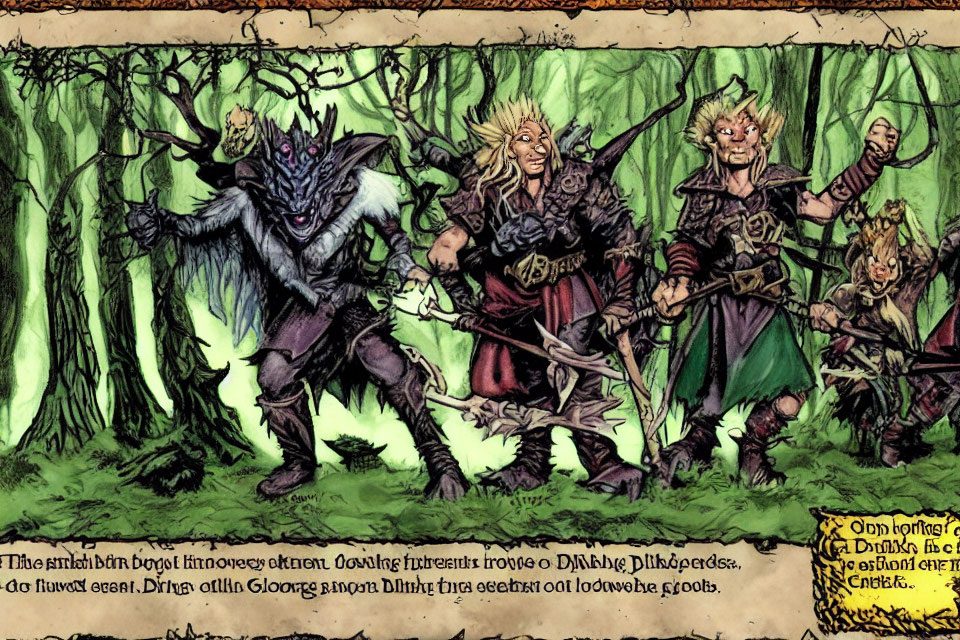 Fantasy Characters in Dark and Light Armor with Pointy Ears in Forest