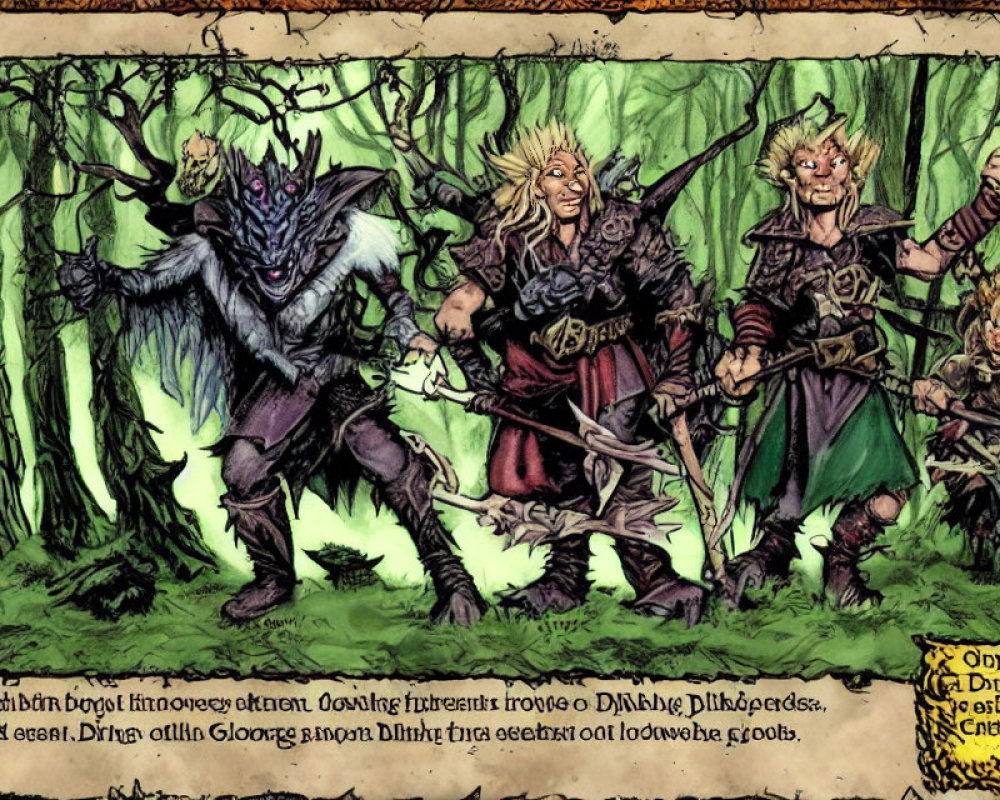 Fantasy Characters in Dark and Light Armor with Pointy Ears in Forest