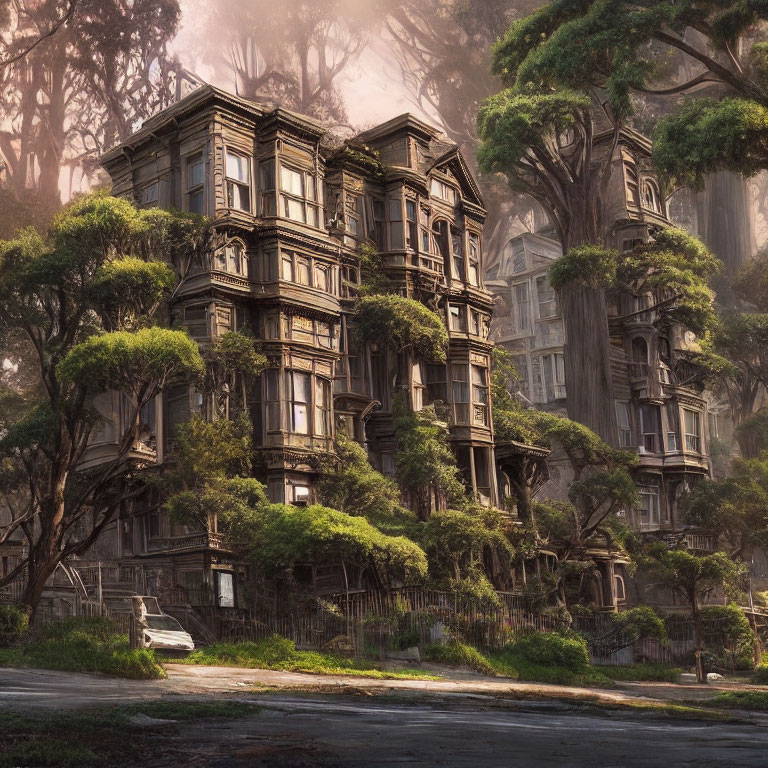 Enchanted forest with misty trees surrounding Victorian-style buildings