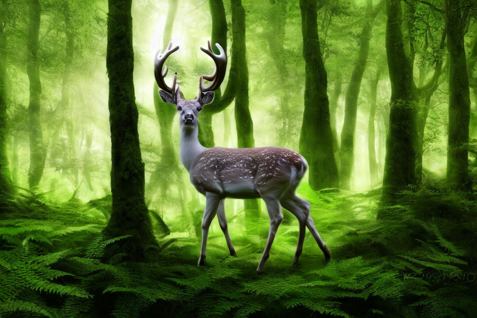 White-Spotted Deer with Antlers in Green Forest Landscape