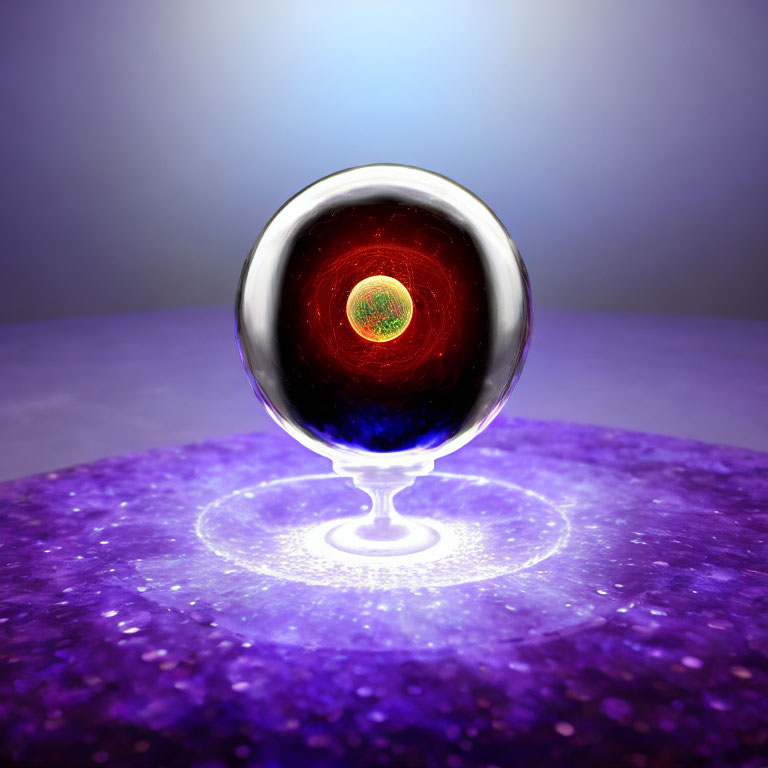 Glass Sphere with Glowing Red Core on Purple Surface