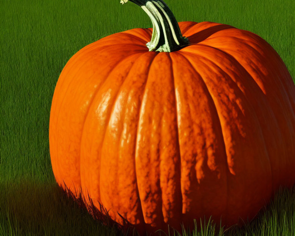 Bright orange pumpkin with prominent stem on green grass
