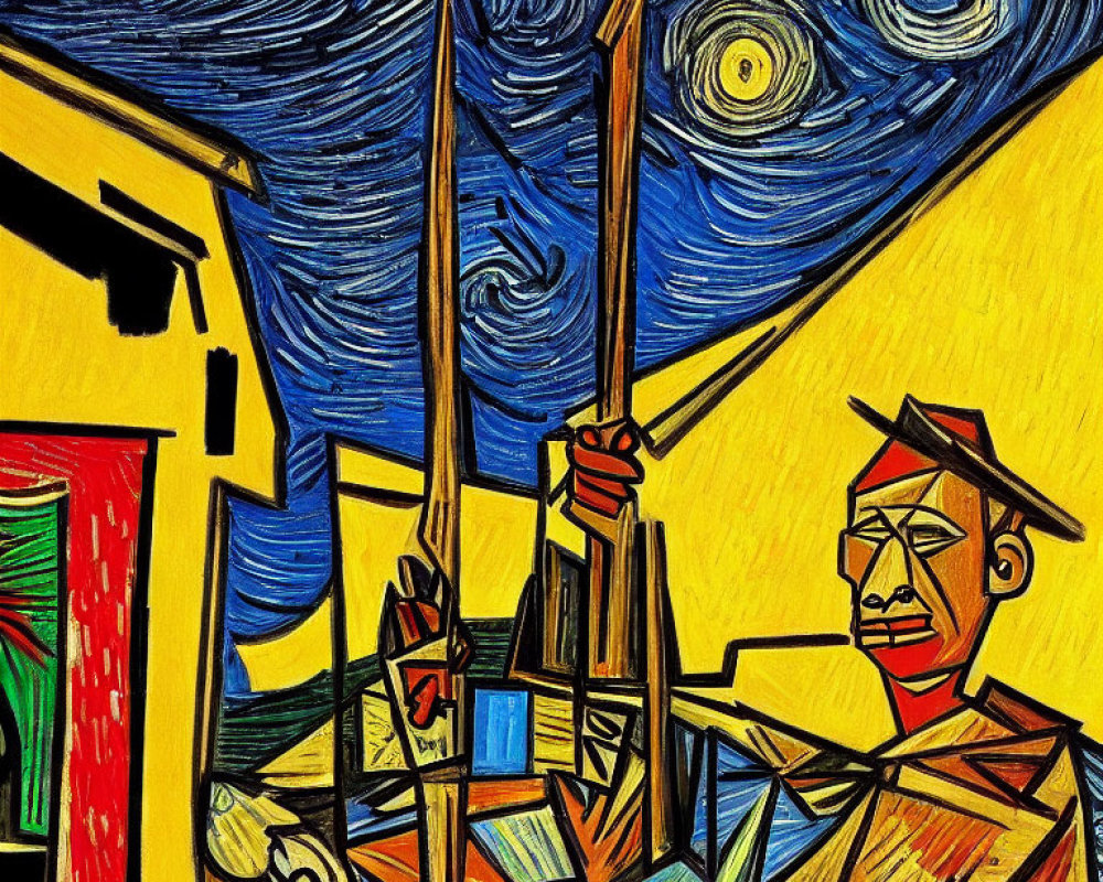 Abstract cubist painting of man by window under starry sky