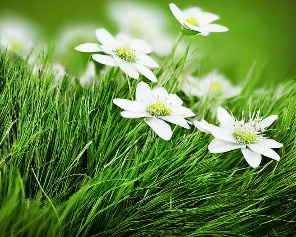 White Flowers with Yellow Centers in Green Grass on Blurred Background