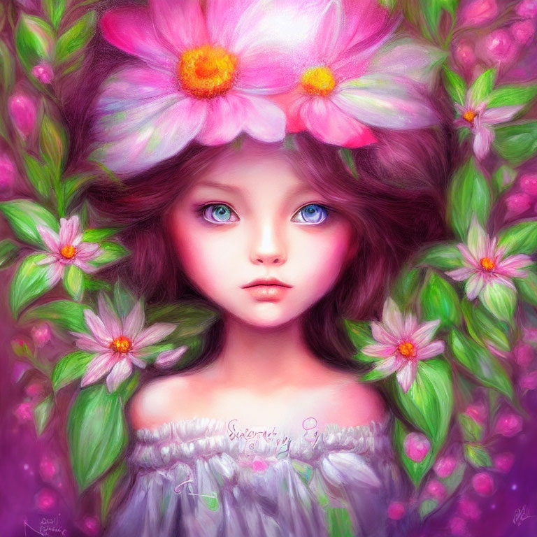 Whimsical artwork of young girl with blue eyes and pink floral hair
