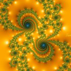 Colorful fractal art with green swirls on fiery orange backdrop