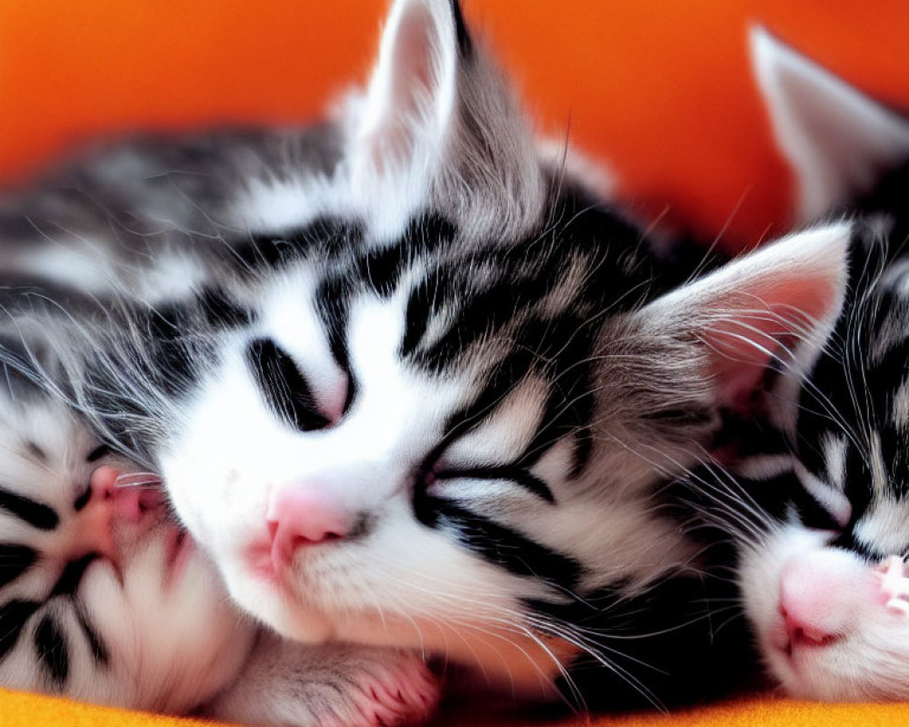 Three Sleeping Kittens on Orange Blanket