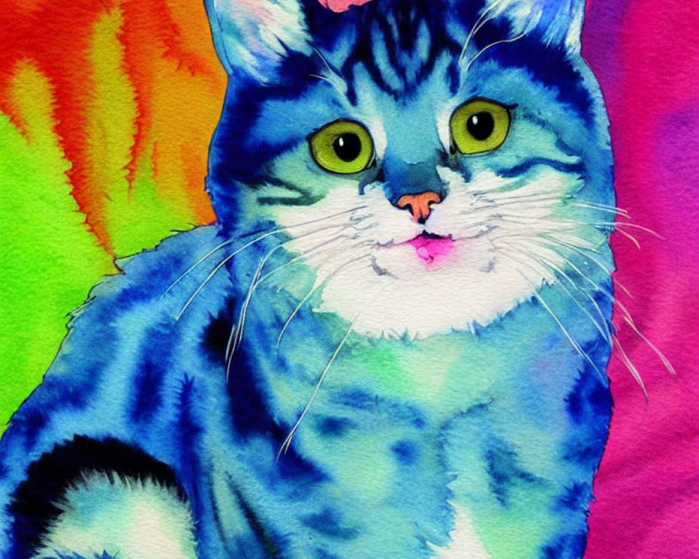 Vibrant watercolor painting of cat with blue stripes on multicolored background
