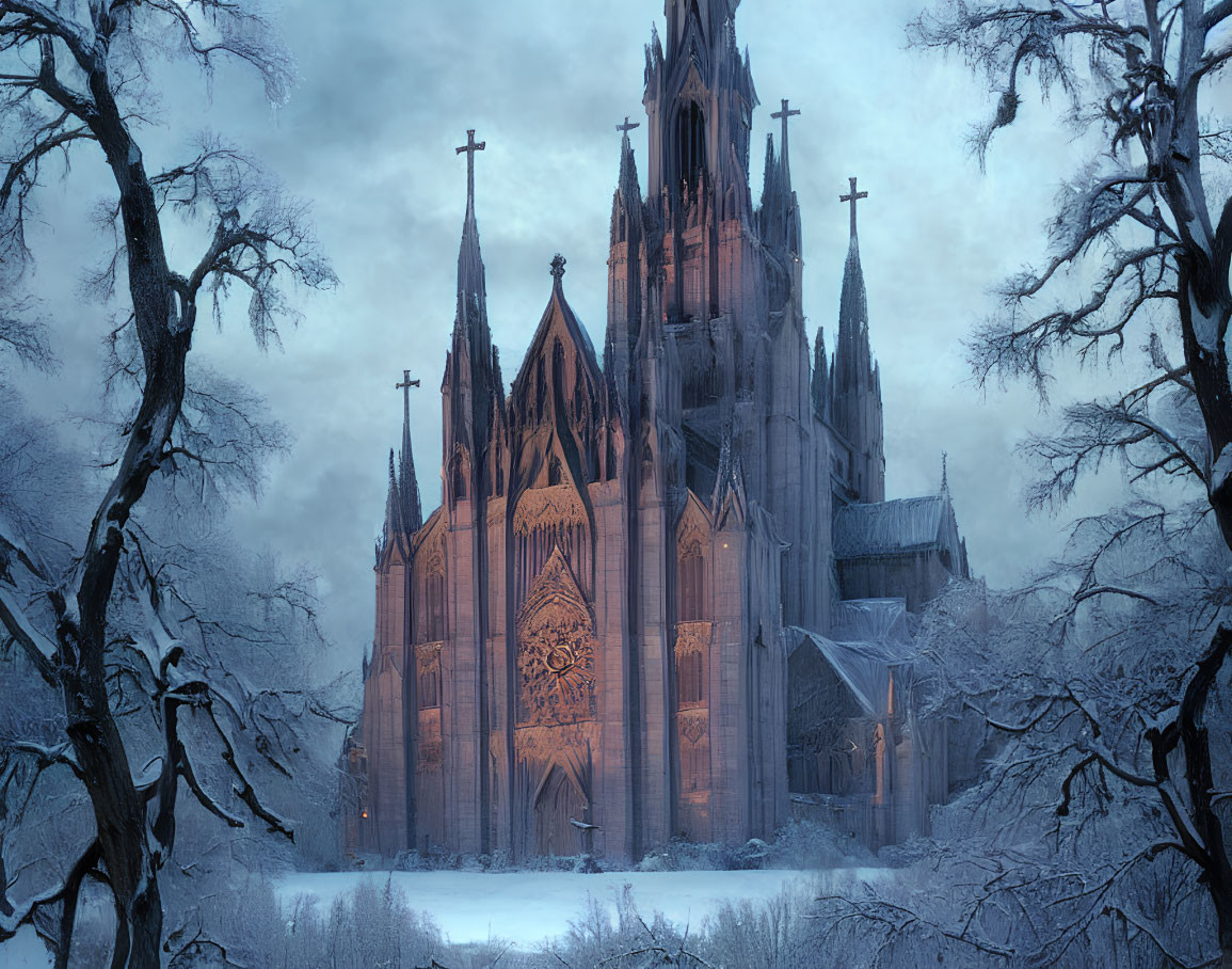 Snow-covered Gothic cathedral and bare trees under dusky blue sky