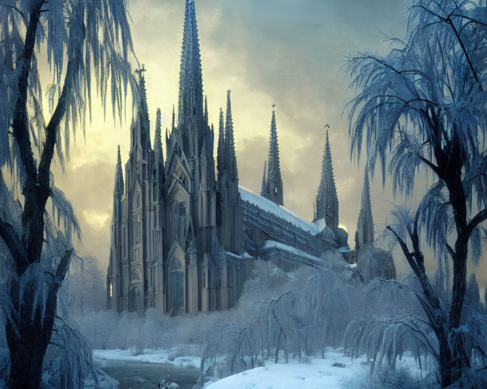 Gothic cathedral in winter landscape with frost-covered trees