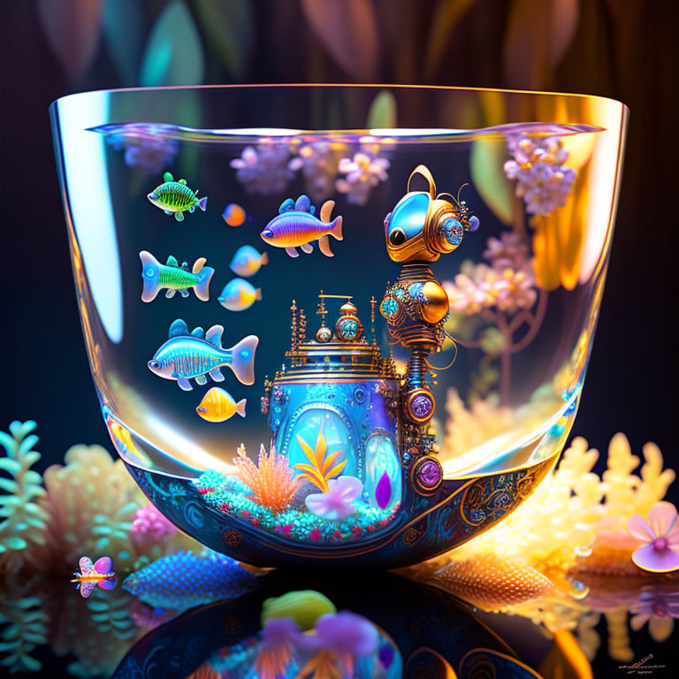 Colorful Fishbowl Illustration with Fantastical Fish and Underwater Structures