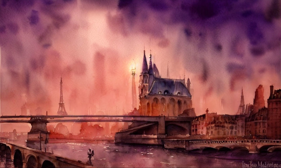 Parisian Scene Watercolor Painting with Eiffel Tower and Notre Dame at Twilight