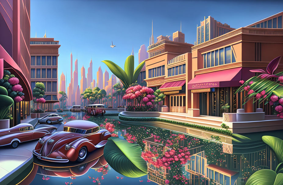 Classic cars and futuristic vehicle in vibrant street scene under pink and blue sky
