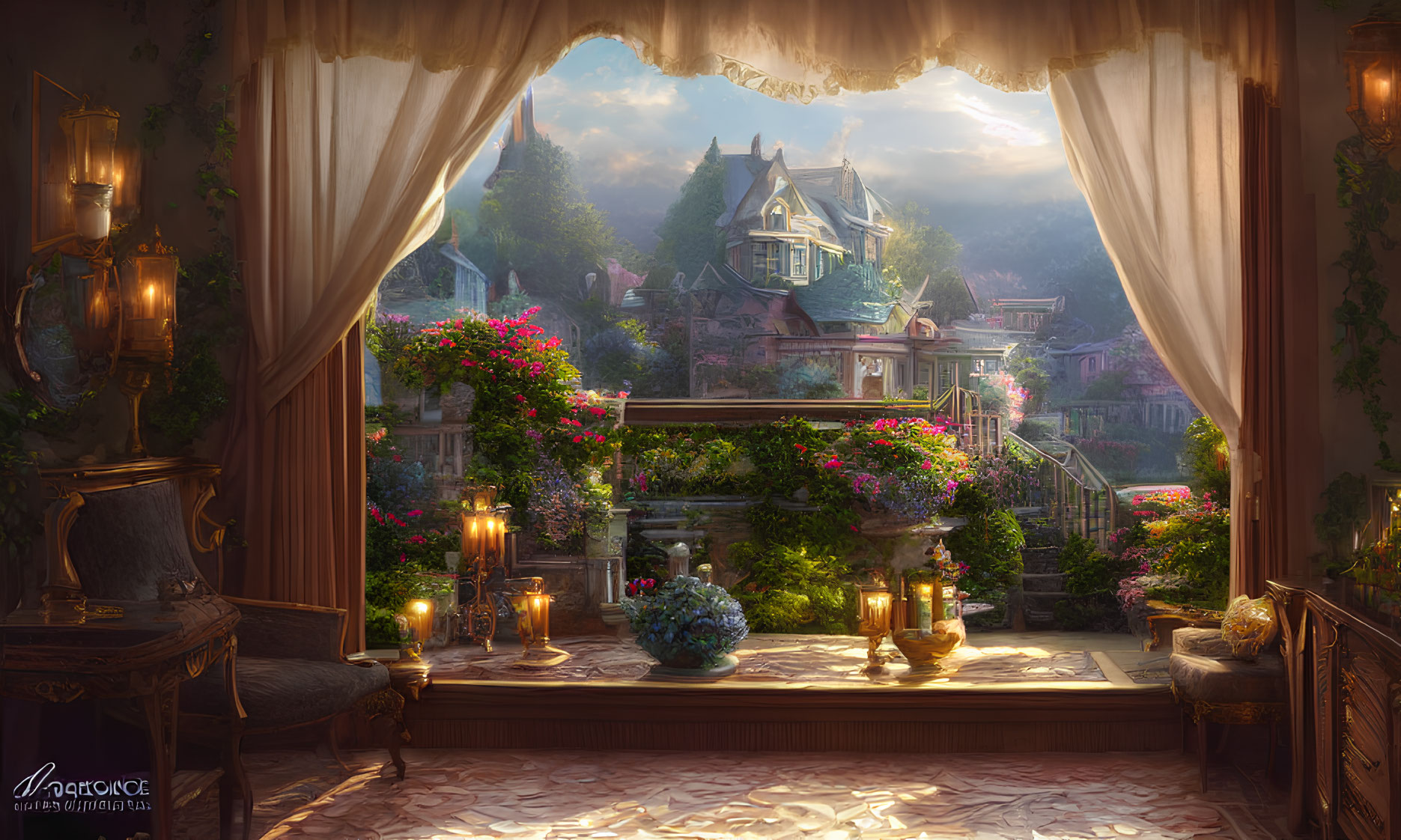 Cozy interior overlooking fairy-tale village at sunset