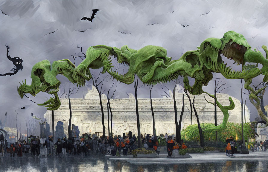 Giant green skeletal snake-like creature in stormy sky above classical building with bats