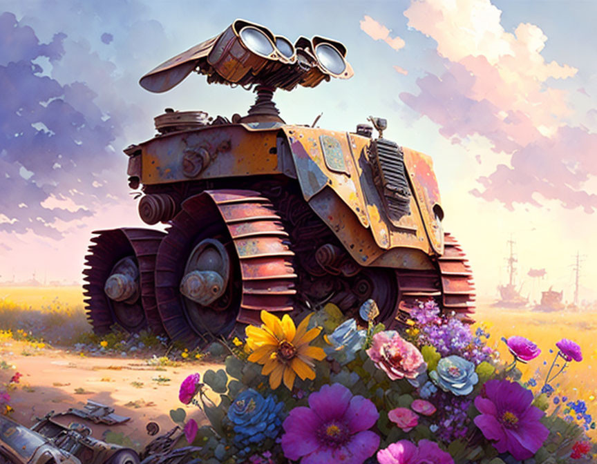 Whimsical robot with binocular eyes in colorful flower field