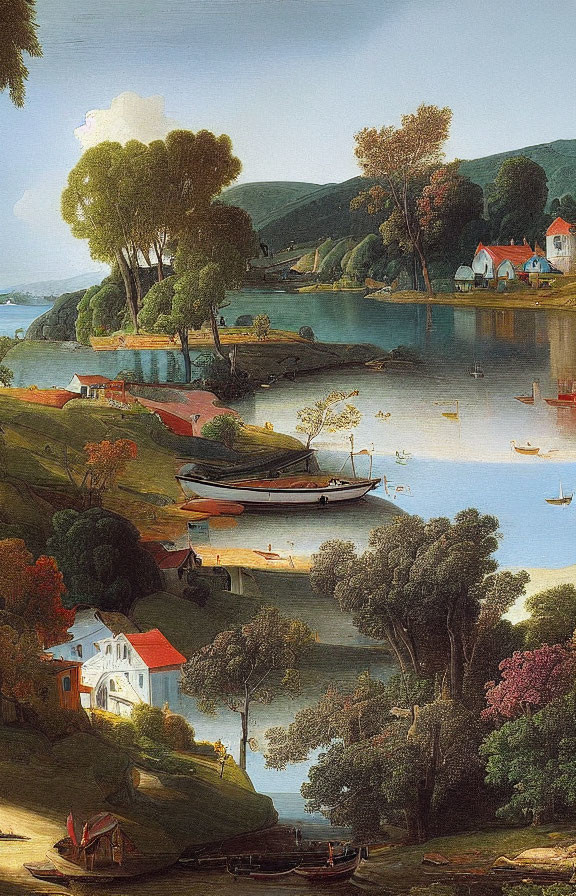 Tranquil landscape with boats, water, trees, houses, and people.