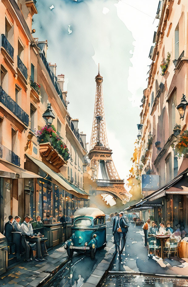 Vibrant Parisian street scene with Eiffel Tower, diners, vintage car, and