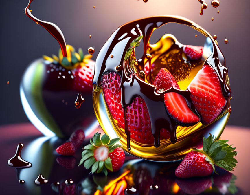 Colorful liquid sphere with strawberries and chocolate, dynamic splashes on blurred background