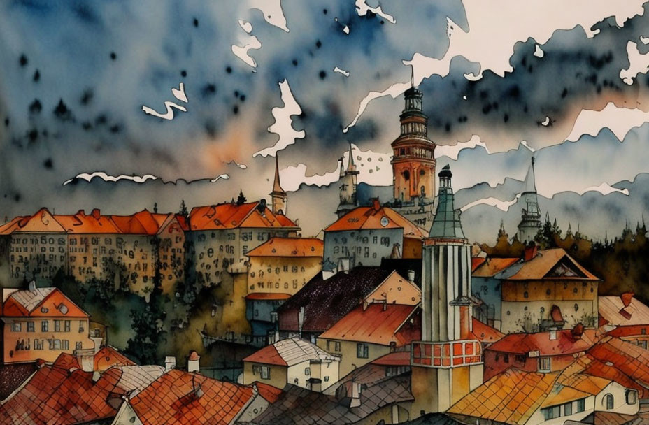 Historic town illustration with tower and birds in warm hues
