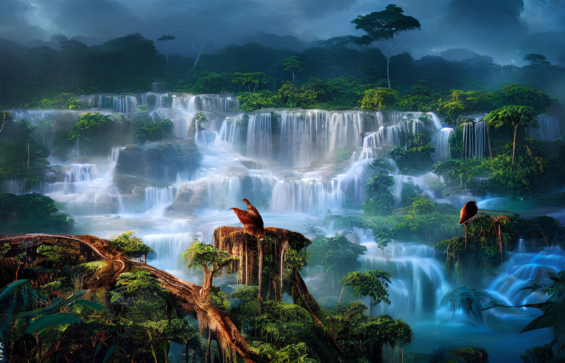 Majestic multi-tiered waterfall in lush jungle with mist and eagles.