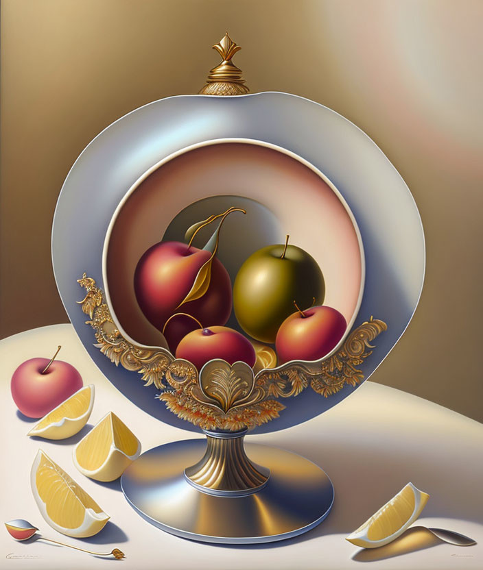 Surreal Fruit Bowl Painting with Apples and Lemon Slices