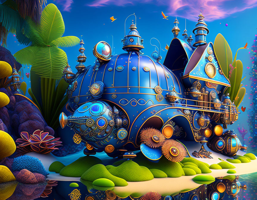 Colorful Coral Reefs and Ornate Submarines in Whimsical Underwater Scene