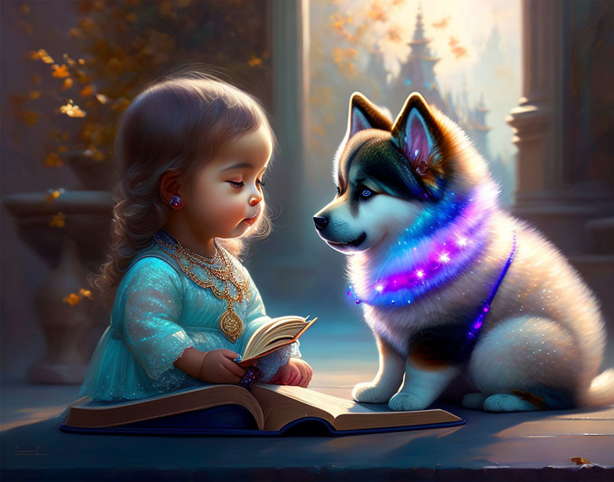 Young girl in blue dress reading with glowing husky-like dog