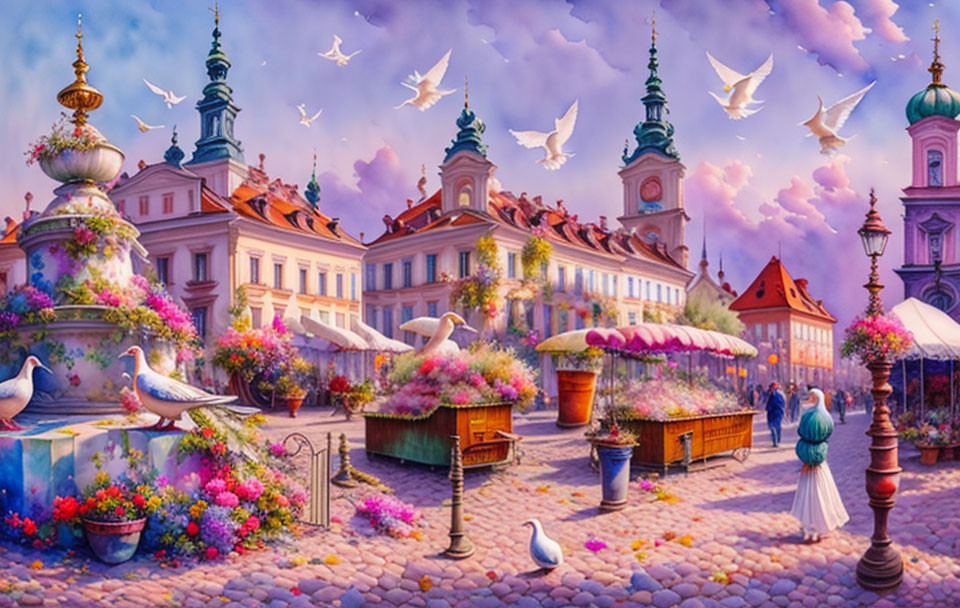 Vibrant European town square with colorful flowers and ornate buildings