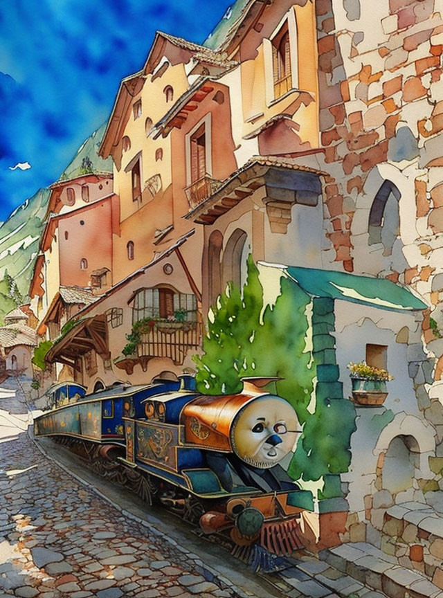 Colorful anthropomorphic train travels through European-style street
