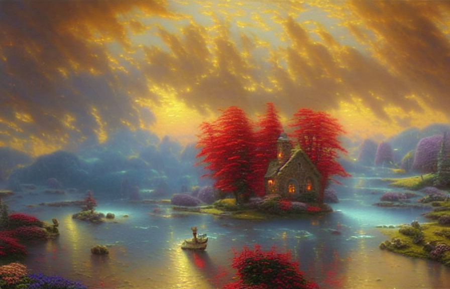 Vibrant sunset over fantasy landscape with cottage, stream, red trees, and golden clouds
