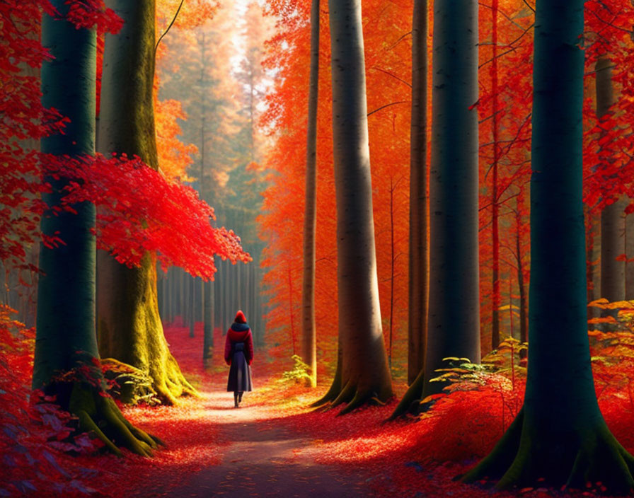 Person in Red Hat Walking on Forest Path Amid Autumn Trees