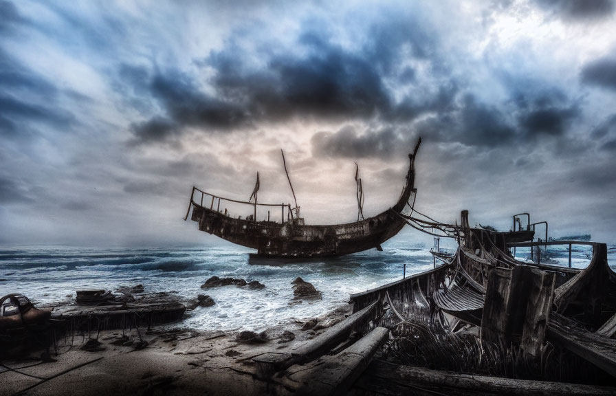 Decaying shipwreck on rocky shore with dramatic sky and crashing waves