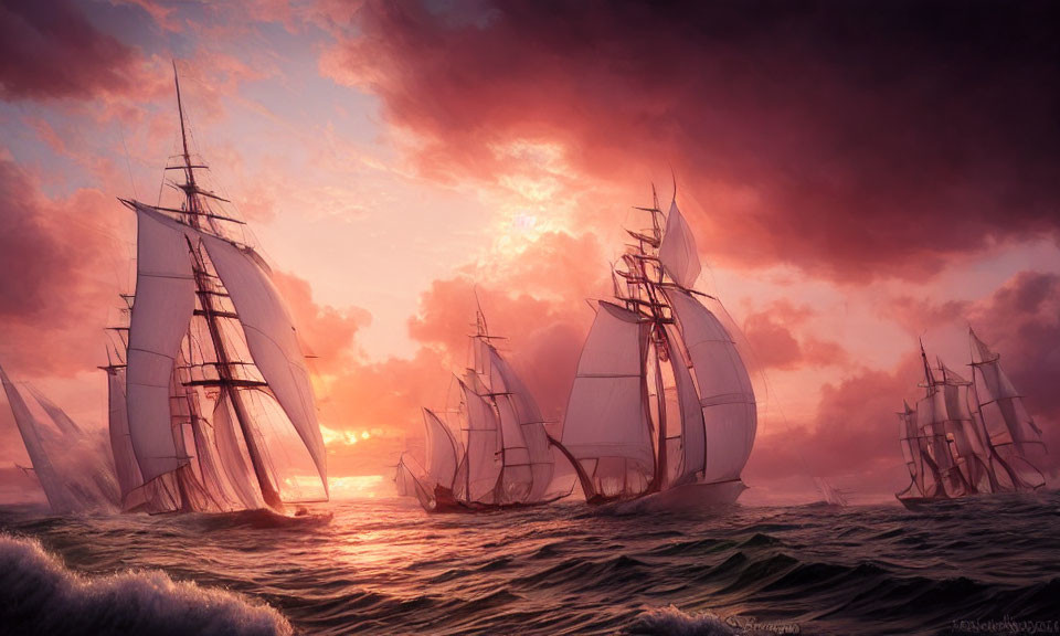 Historic sailing ships on turbulent seas at sunset.