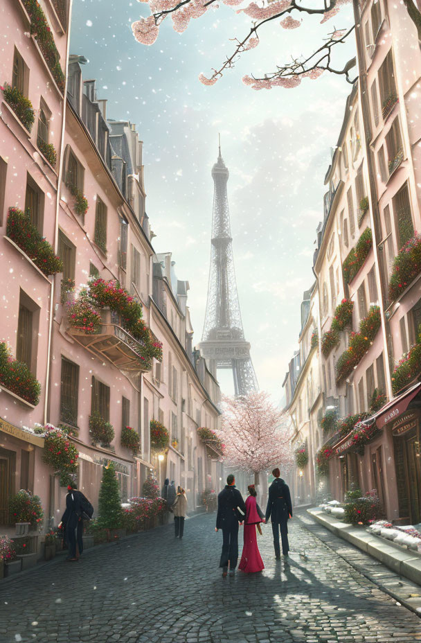Parisian Street Scene: Spring Blossoms, Eiffel Tower Backdrop