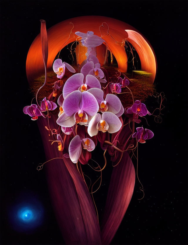 Vibrant purple and pink orchids in surreal digital art piece