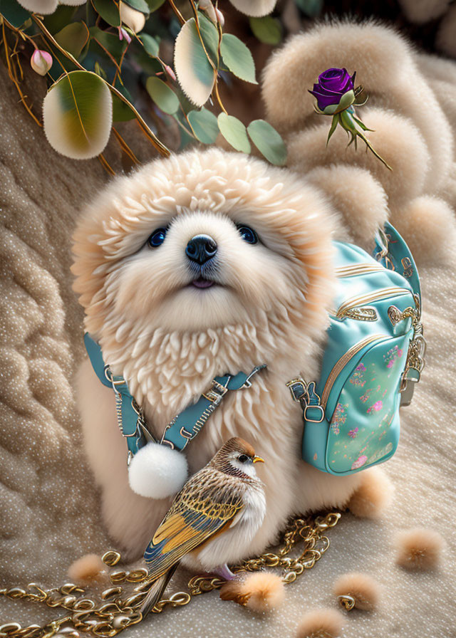 Fluffy dog with blue studded collar beside matching bag, surrounded by soft textures, rose, green