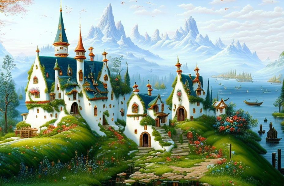 Fairytale castle in vibrant garden with mountains and lake