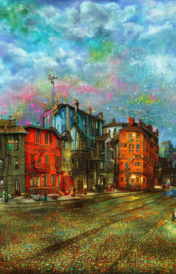 Colorful European-style buildings on cobblestone street under surreal starry sky.