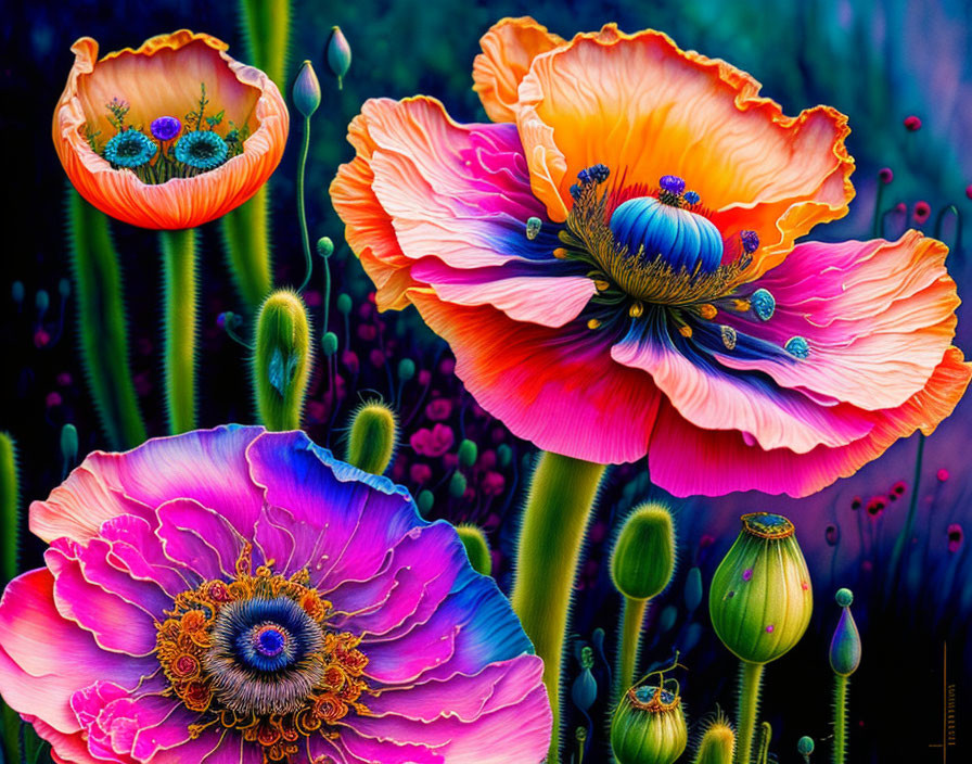 Colorful surreal poppies in neon hues on dark backdrop