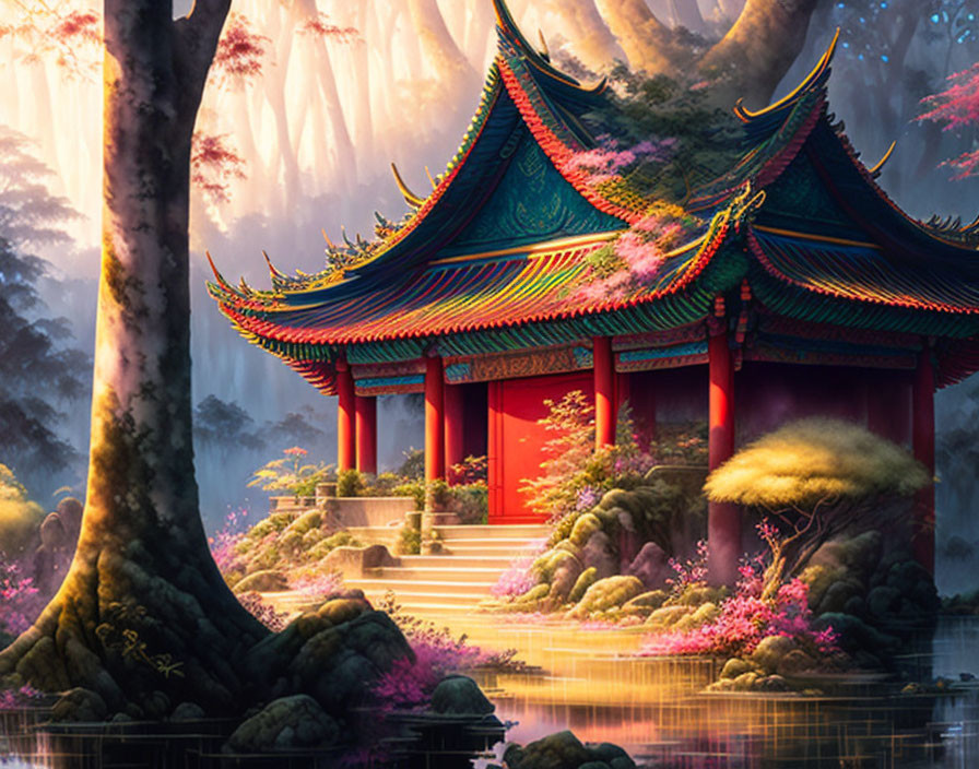 Traditional Asian Pavilion Surrounded by Purple Flora in Mystical Forest
