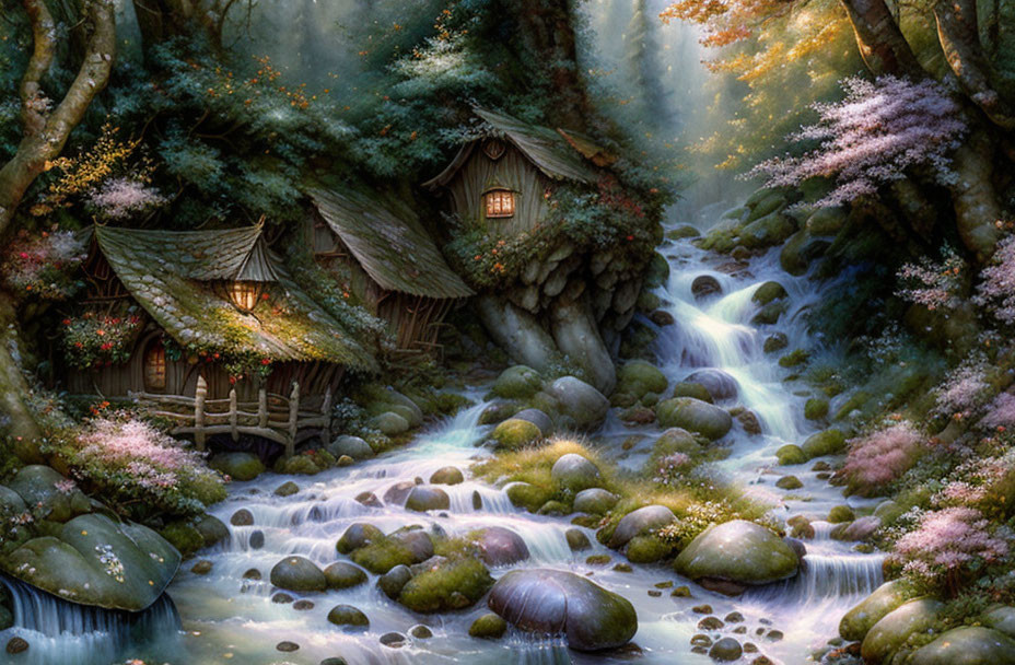 Lush forest scene with stream and cottages among moss-covered boulders