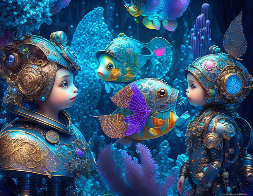 Steampunk-themed armored figures with mechanical fish in underwater setting