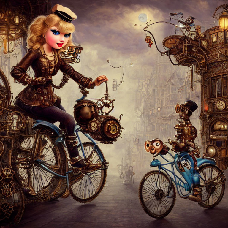 Stylized woman in vintage attire riding steampunk bicycle with owl robot in fantastical machinery landscape