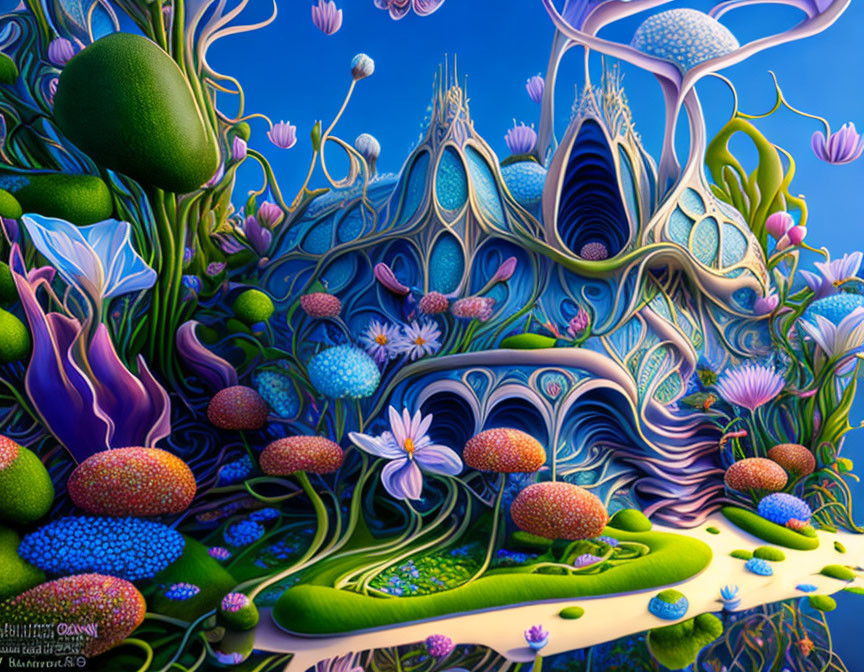 Colorful whimsical landscape with intricate organic shapes and diverse plants