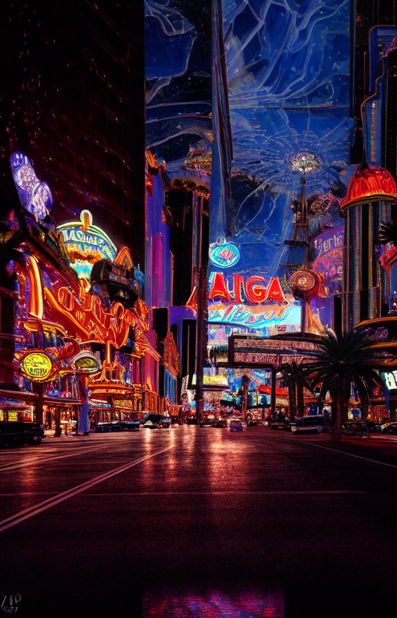 Vibrant night street scene with neon signs and lights