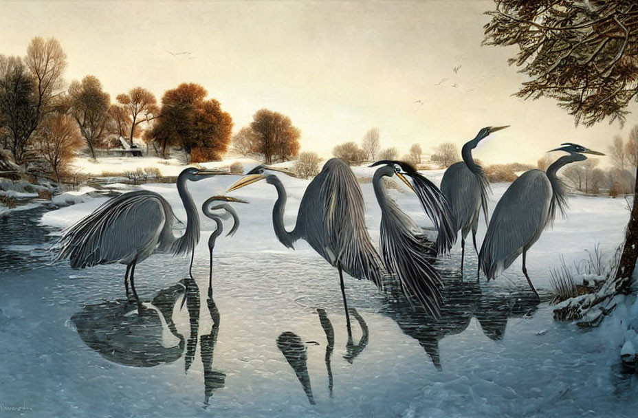 Herons on frozen pond in snowy landscape with leafless trees