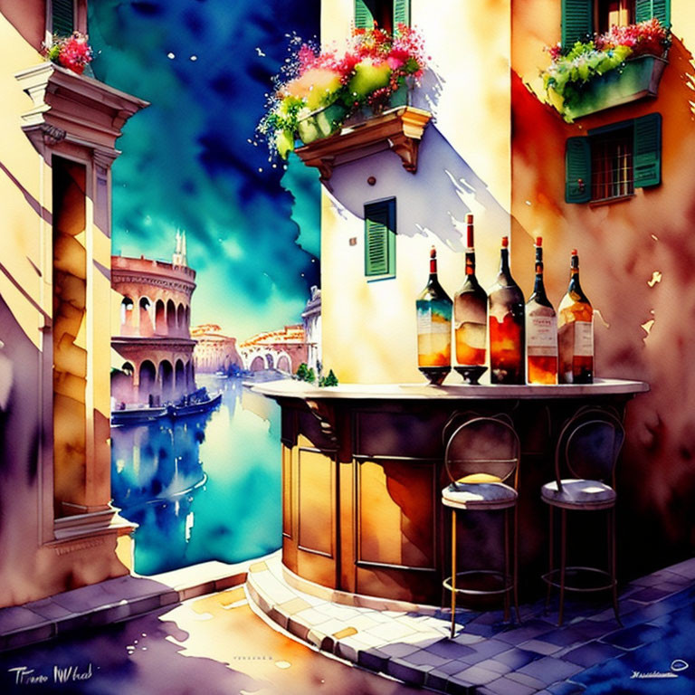Colorful Watercolor Painting of Cozy Bar Corner with River View & Castle